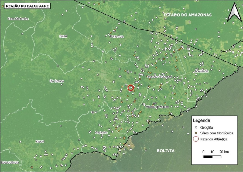 Localização do sítio geoglifo Fazenda Atlântica, no Acre. Gerado em 2024 por João Paulo Cunha, que fez seu doutorado no PPGArq do MN/UFRJ