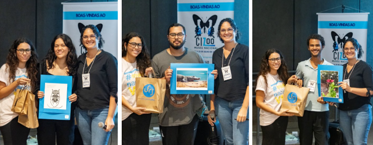 A estudante Thayná Najar e a professora Thamara Zacca premiando os ganhadores do concurso de ilustração e fotografia: 1º, 2º e 3º lugares